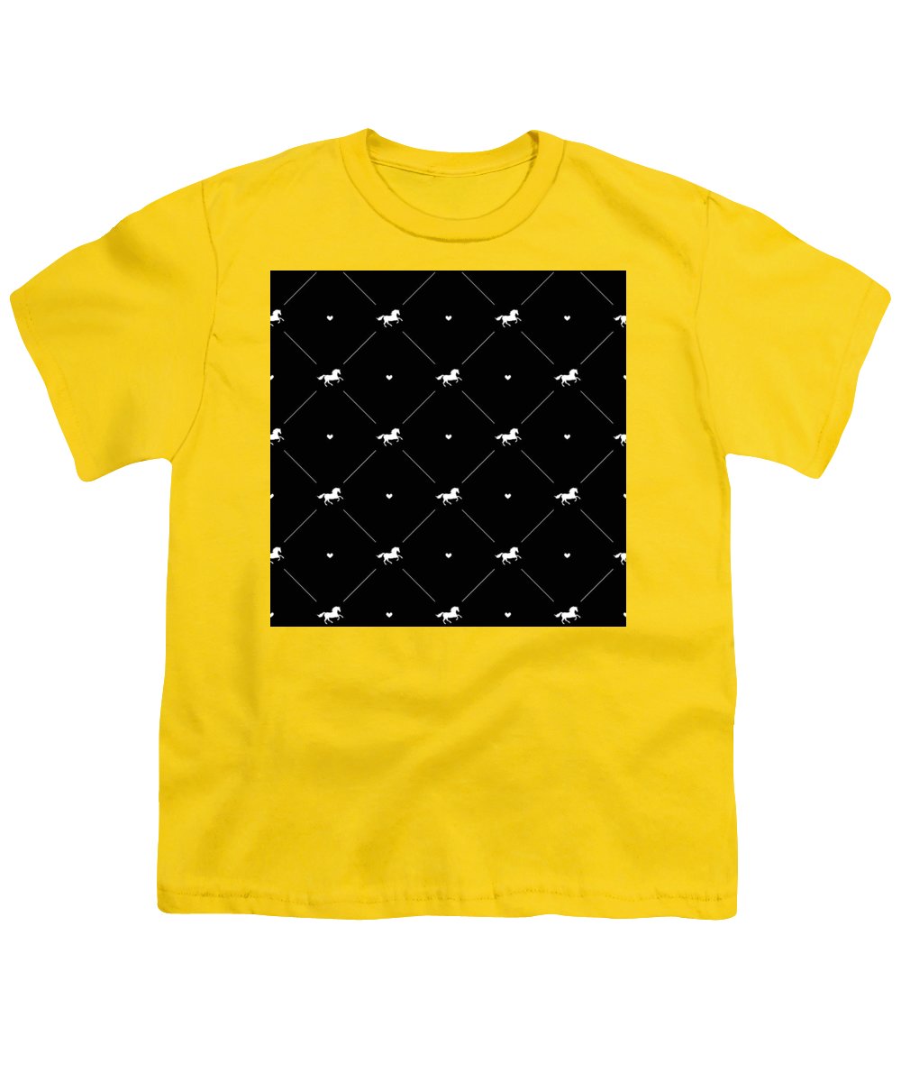 Vector seamless pattern of white horse silhouette with heart isolated on black - Youth T-Shirt