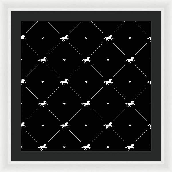 Vector seamless pattern of white horse silhouette with heart isolated on black - Framed Print