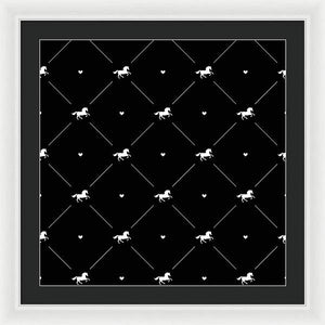Vector seamless pattern of white horse silhouette with heart isolated on black - Framed Print