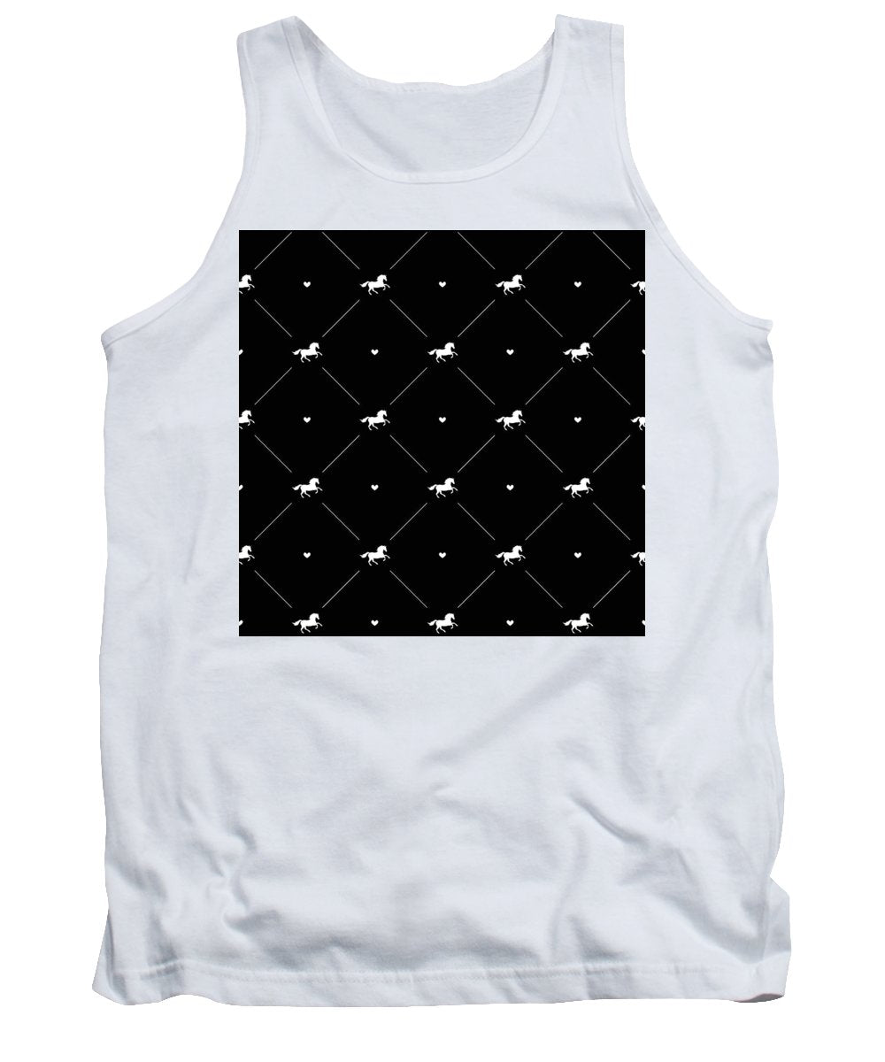 Vector seamless pattern of white horse silhouette with heart isolated on black - Tank Top