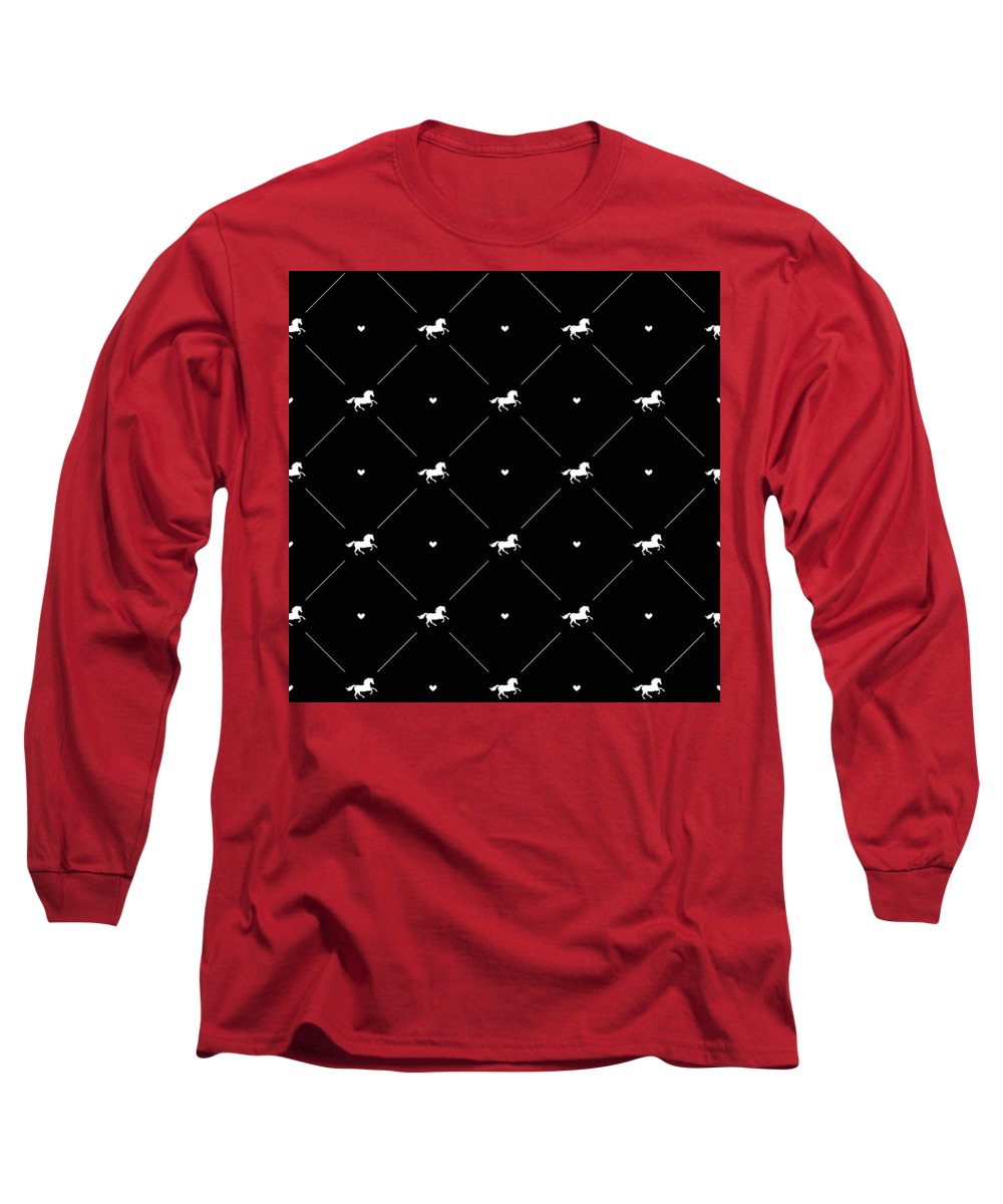 Vector seamless pattern of white horse silhouette with heart isolated on black - Long Sleeve T-Shirt