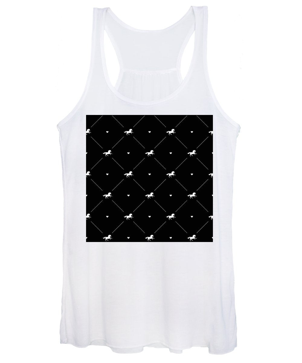 Vector seamless pattern of white horse silhouette with heart isolated on black - Women's Tank Top