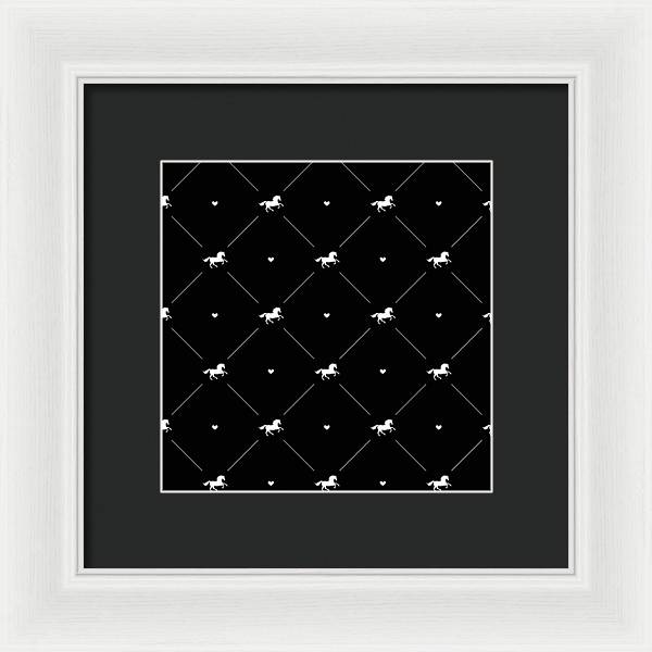 Vector seamless pattern of white horse silhouette with heart isolated on black - Framed Print