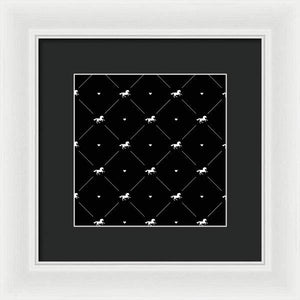 Vector seamless pattern of white horse silhouette with heart isolated on black - Framed Print