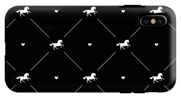 Vector seamless pattern of white horse silhouette with heart isolated on black - Phone Case