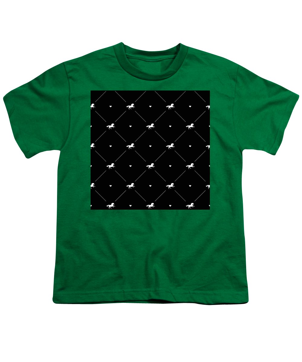 Vector seamless pattern of white horse silhouette with heart isolated on black - Youth T-Shirt