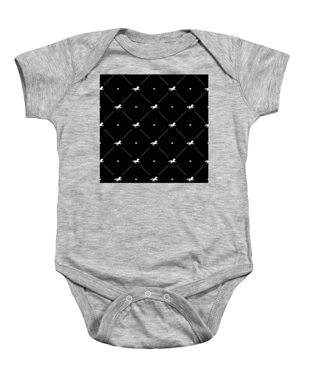 Vector seamless pattern of white horse silhouette with heart isolated on black - Baby Onesie