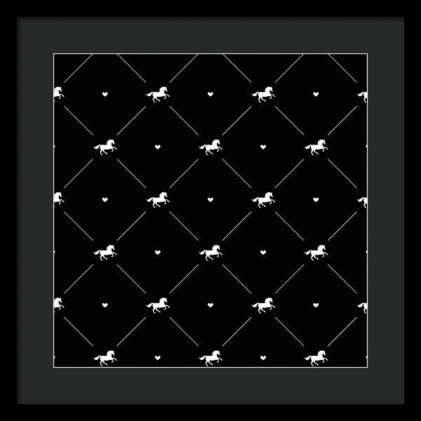 Vector seamless pattern of white horse silhouette with heart isolated on black - Framed Print