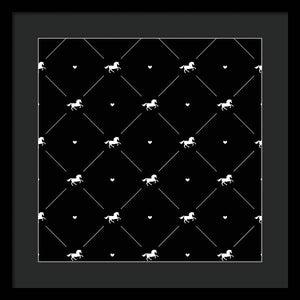 Vector seamless pattern of white horse silhouette with heart isolated on black - Framed Print