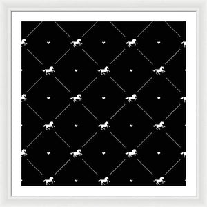 Vector seamless pattern of white horse silhouette with heart isolated on black - Framed Print