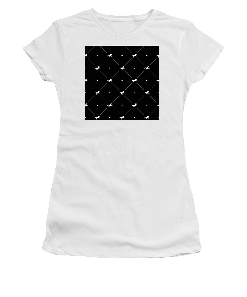 Vector seamless pattern of white horse silhouette with heart isolated on black - Women's T-Shirt
