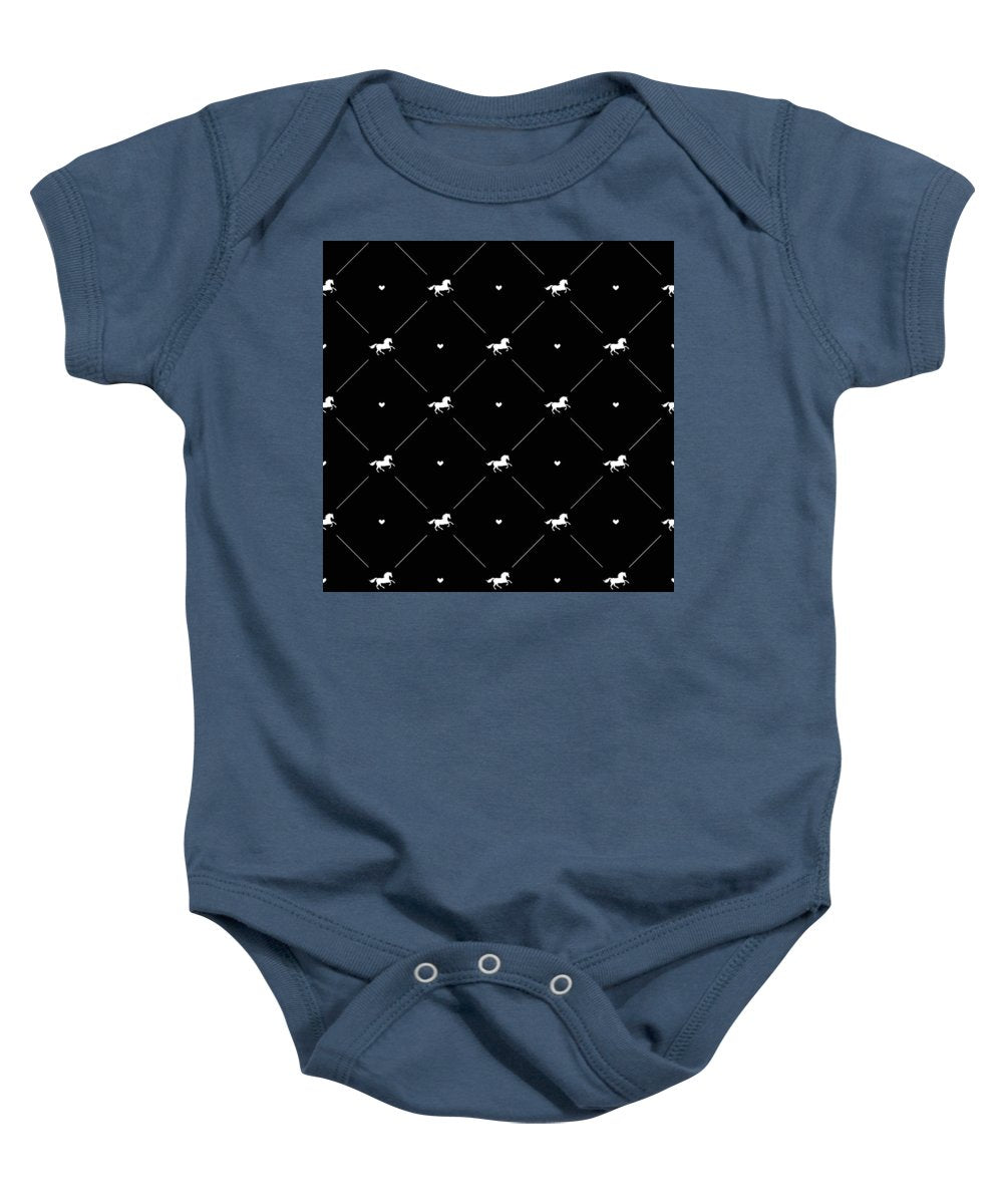 Vector seamless pattern of white horse silhouette with heart isolated on black - Baby Onesie