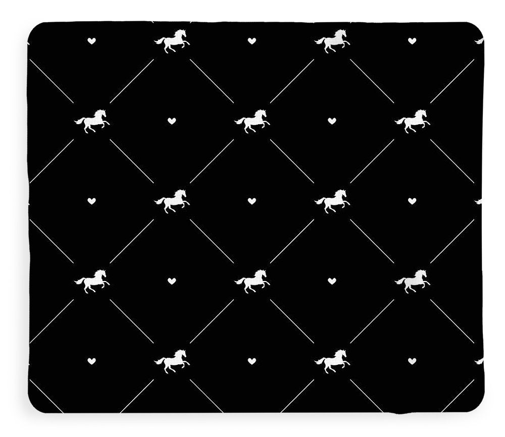 Vector seamless pattern of white horse silhouette with heart isolated on black - Blanket