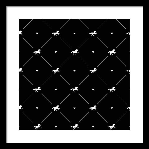 Vector seamless pattern of white horse silhouette with heart isolated on black - Framed Print