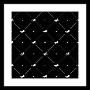 Vector seamless pattern of white horse silhouette with heart isolated on black - Framed Print