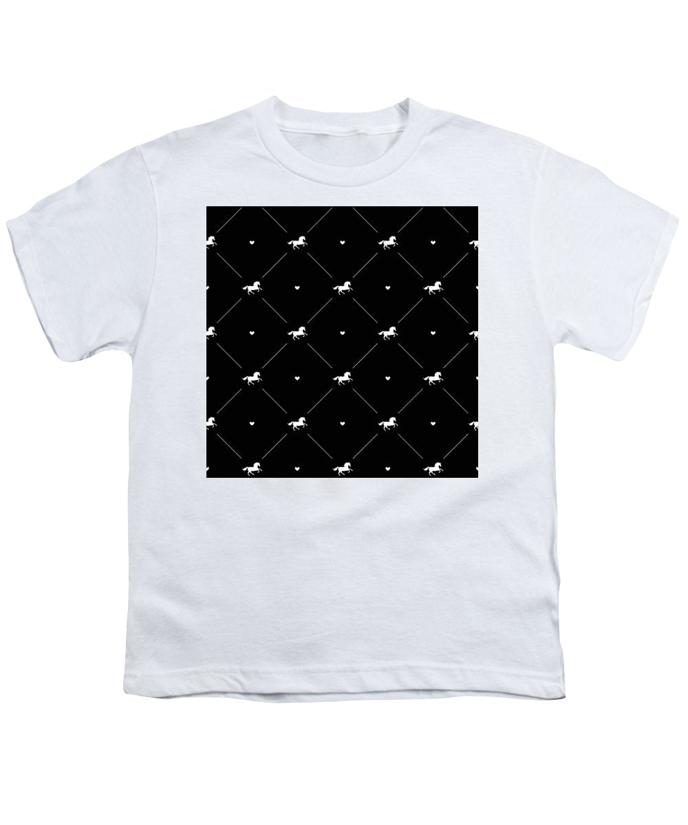 Vector seamless pattern of white horse silhouette with heart isolated on black - Youth T-Shirt