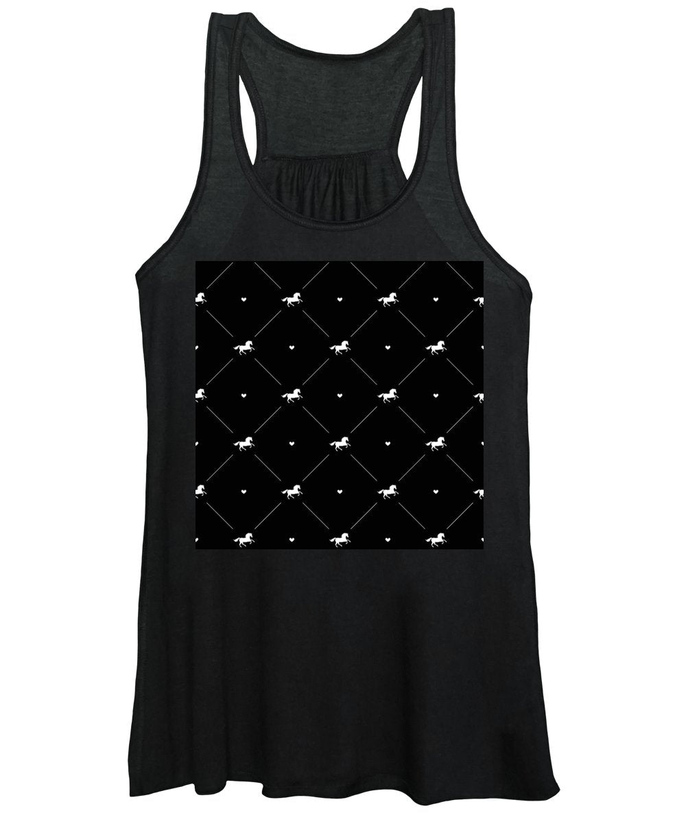 Vector seamless pattern of white horse silhouette with heart isolated on black - Women's Tank Top