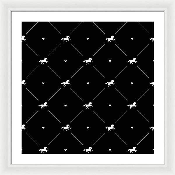 Vector seamless pattern of white horse silhouette with heart isolated on black - Framed Print