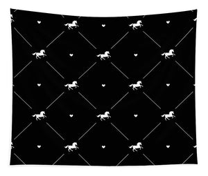 Vector seamless pattern of white horse silhouette with heart isolated on black - Tapestry