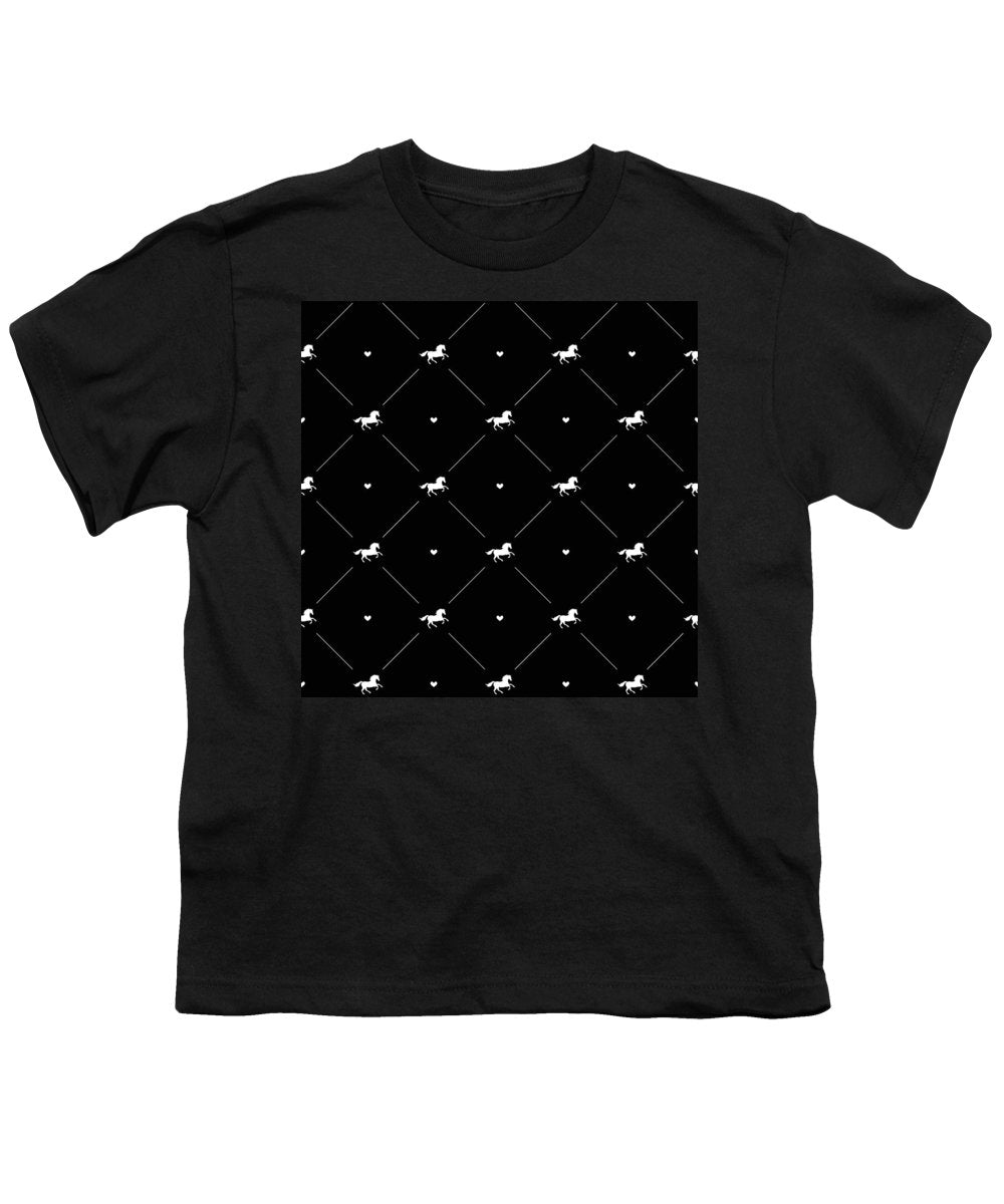 Vector seamless pattern of white horse silhouette with heart isolated on black - Youth T-Shirt