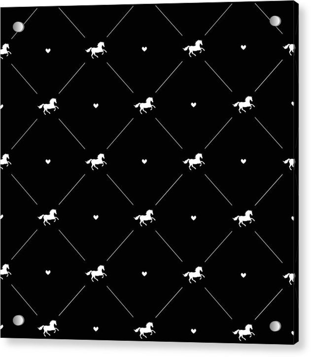 Vector seamless pattern of white horse silhouette with heart isolated on black - Acrylic Print