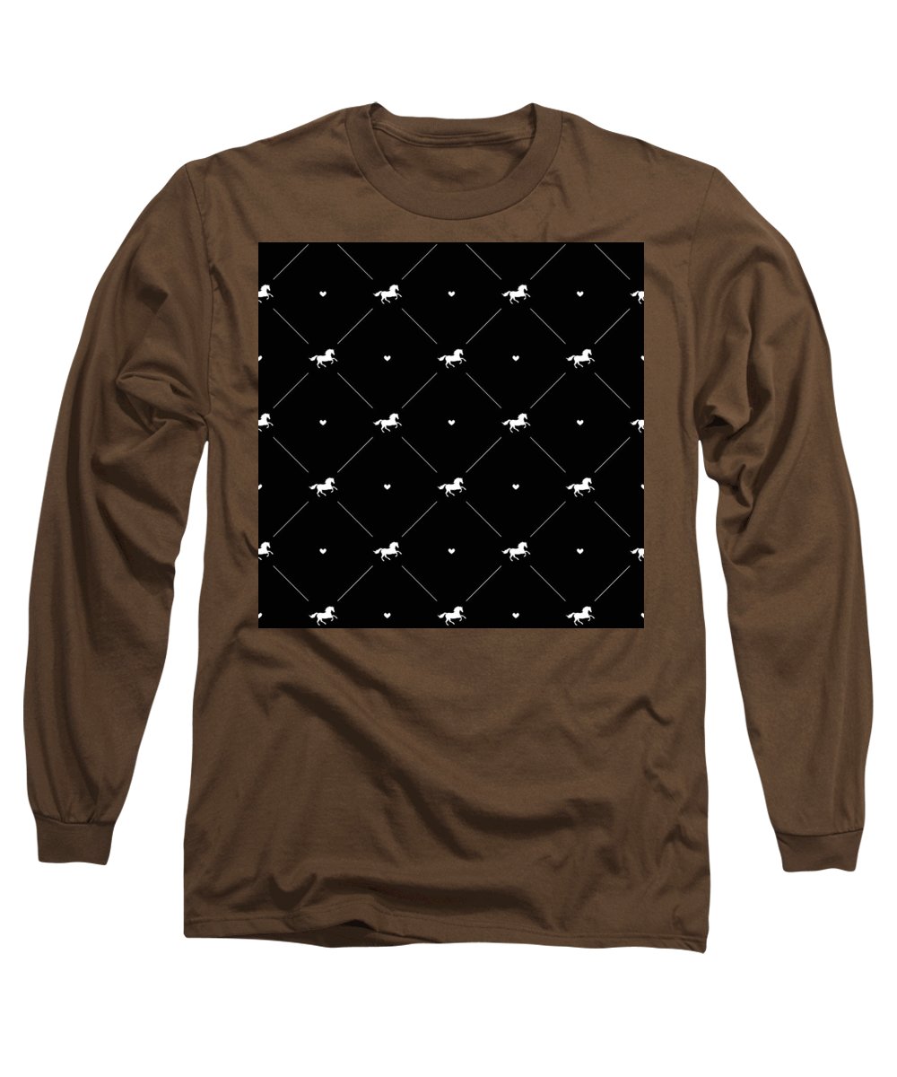 Vector seamless pattern of white horse silhouette with heart isolated on black - Long Sleeve T-Shirt