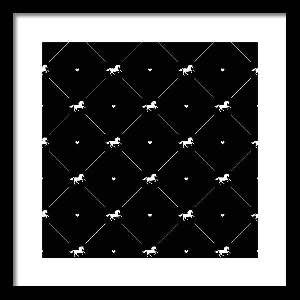 Vector seamless pattern of white horse silhouette with heart isolated on black - Framed Print