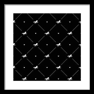 Vector seamless pattern of white horse silhouette with heart isolated on black - Framed Print
