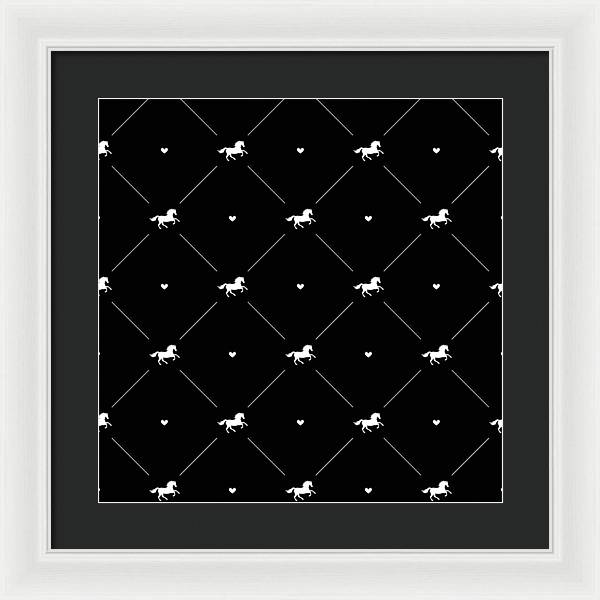 Vector seamless pattern of white horse silhouette with heart isolated on black - Framed Print