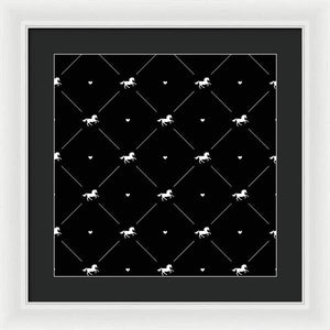 Vector seamless pattern of white horse silhouette with heart isolated on black - Framed Print