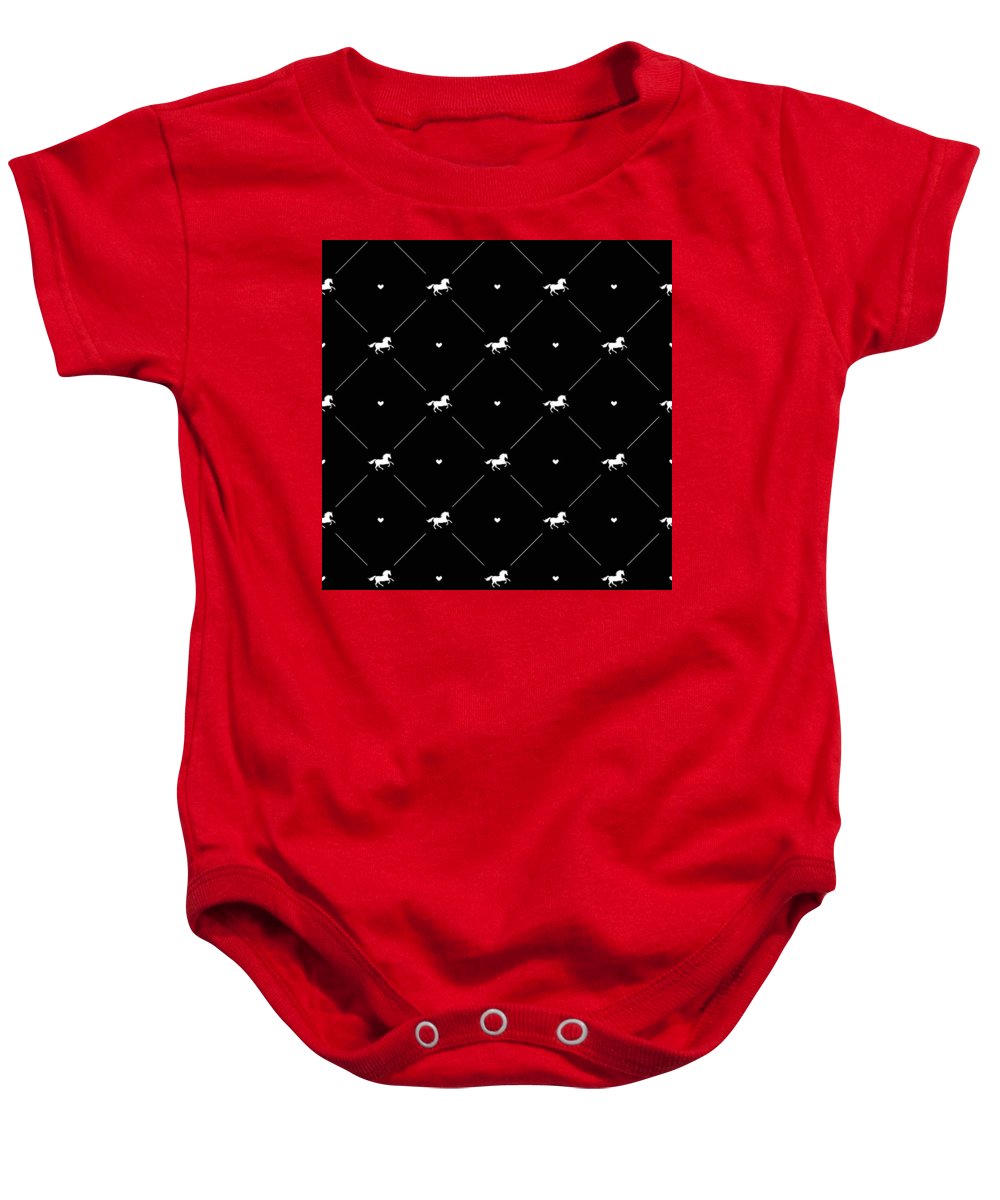 Vector seamless pattern of white horse silhouette with heart isolated on black - Baby Onesie