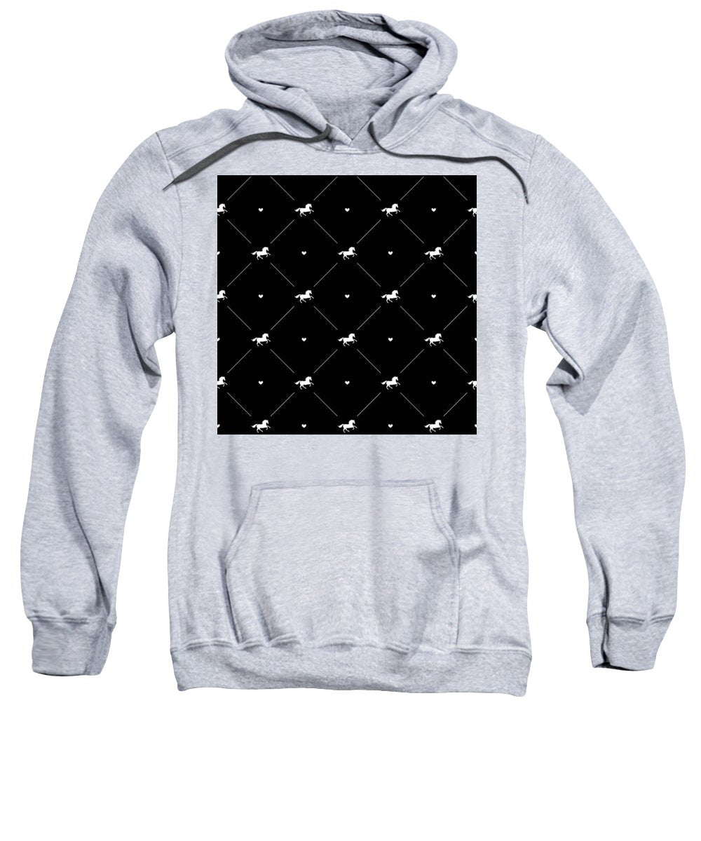 Vector seamless pattern of white horse silhouette with heart isolated on black - Sweatshirt