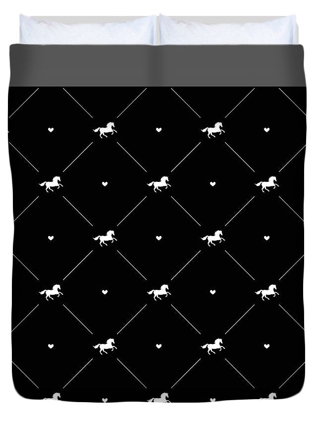 Vector seamless pattern of white horse silhouette with heart isolated on black - Duvet Cover
