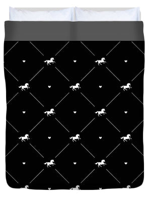 Vector seamless pattern of white horse silhouette with heart isolated on black - Duvet Cover