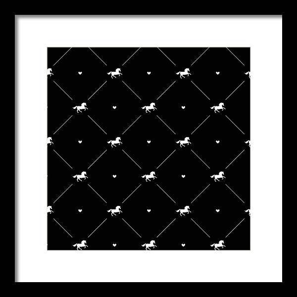 Vector seamless pattern of white horse silhouette with heart isolated on black - Framed Print