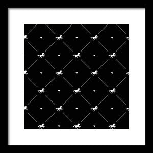Vector seamless pattern of white horse silhouette with heart isolated on black - Framed Print