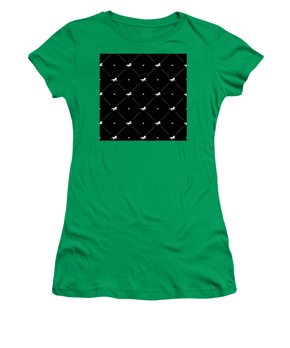 Vector seamless pattern of white horse silhouette with heart isolated on black - Women's T-Shirt