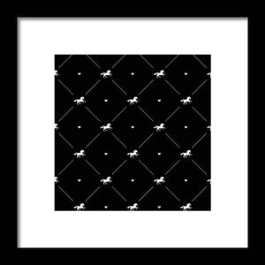 Vector seamless pattern of white horse silhouette with heart isolated on black - Framed Print