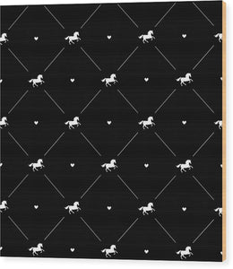 Vector seamless pattern of white horse silhouette with heart isolated on black - Wood Print