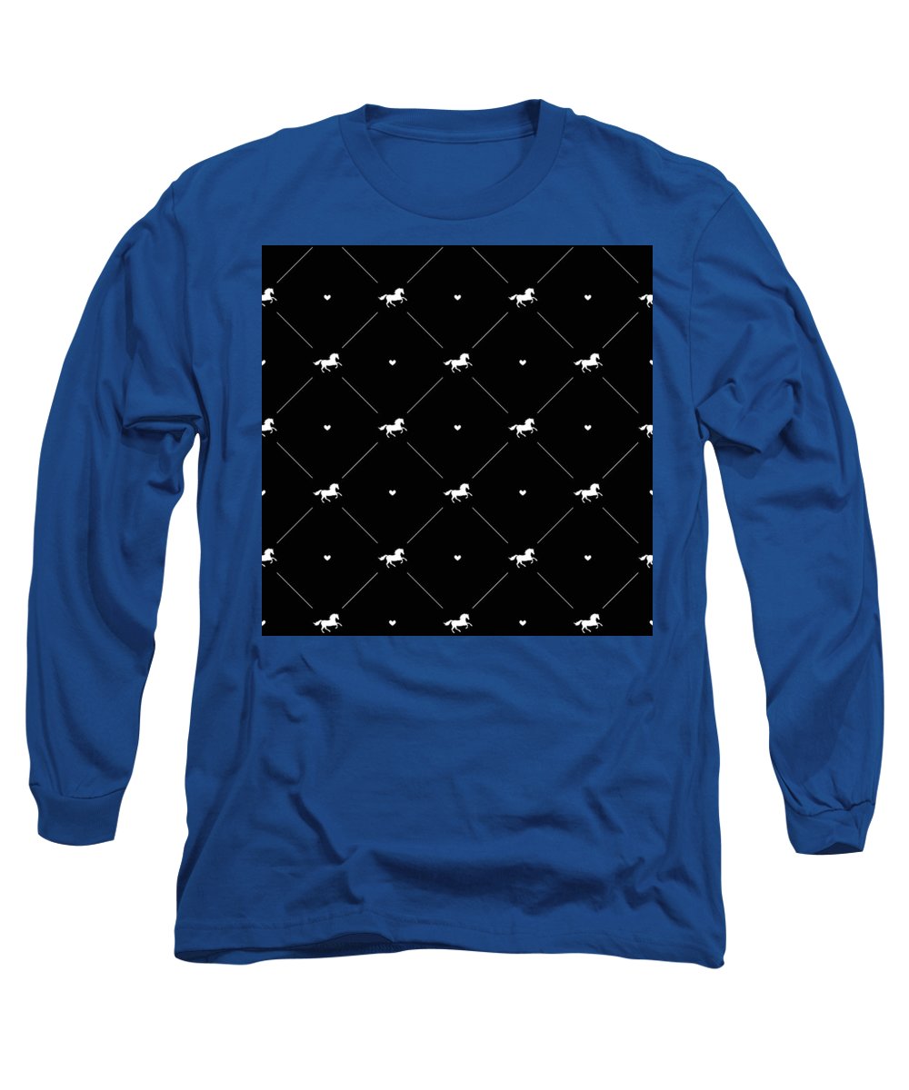 Vector seamless pattern of white horse silhouette with heart isolated on black - Long Sleeve T-Shirt