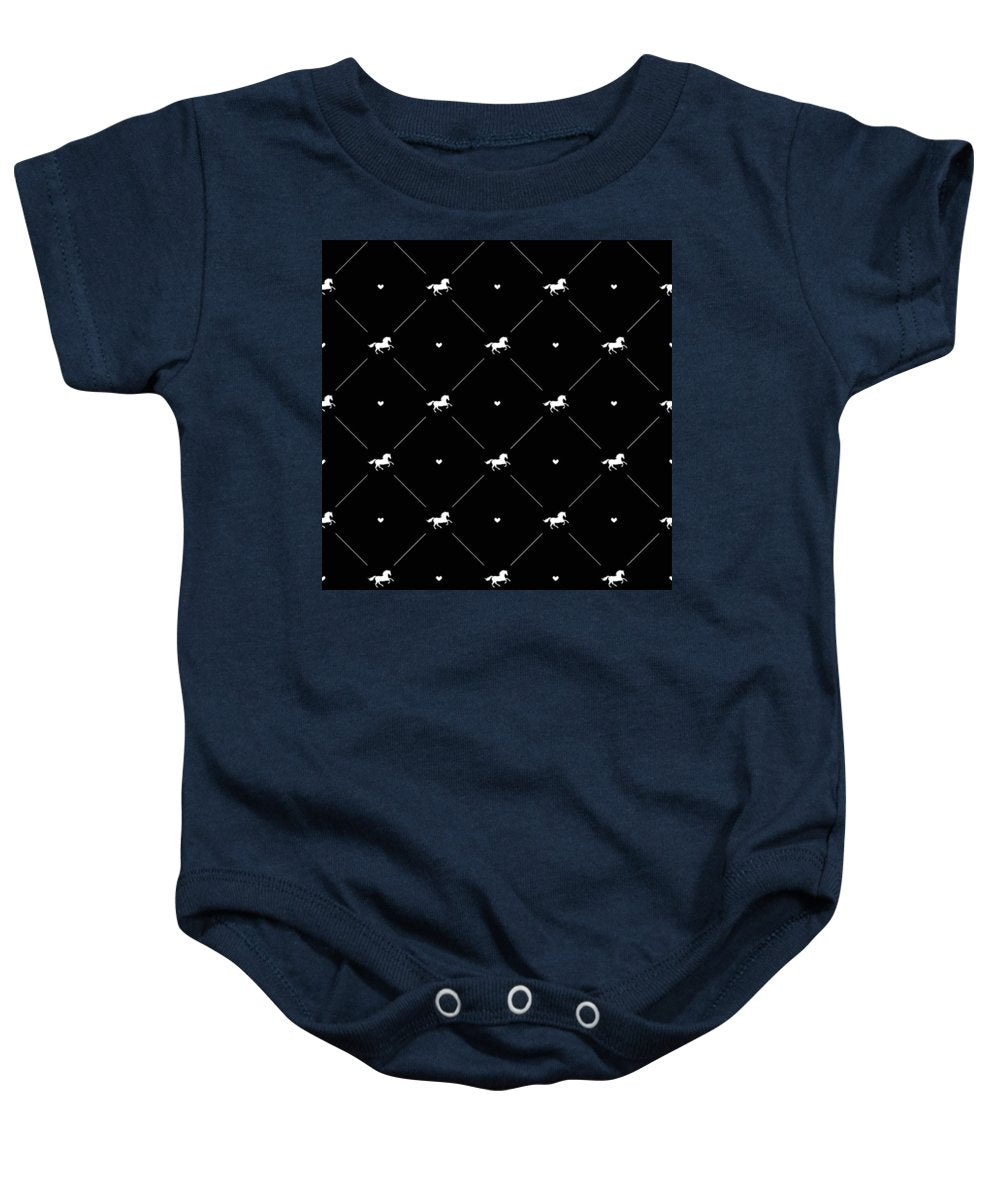 Vector seamless pattern of white horse silhouette with heart isolated on black - Baby Onesie
