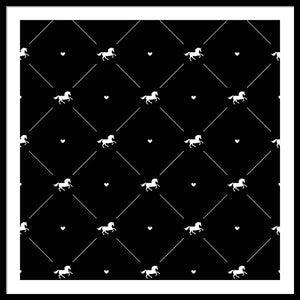 Vector seamless pattern of white horse silhouette with heart isolated on black - Framed Print