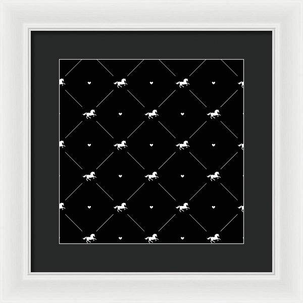 Vector seamless pattern of white horse silhouette with heart isolated on black - Framed Print
