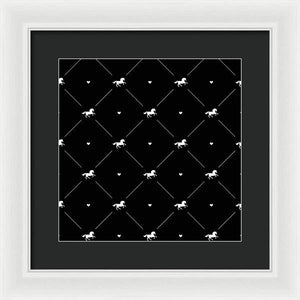 Vector seamless pattern of white horse silhouette with heart isolated on black - Framed Print