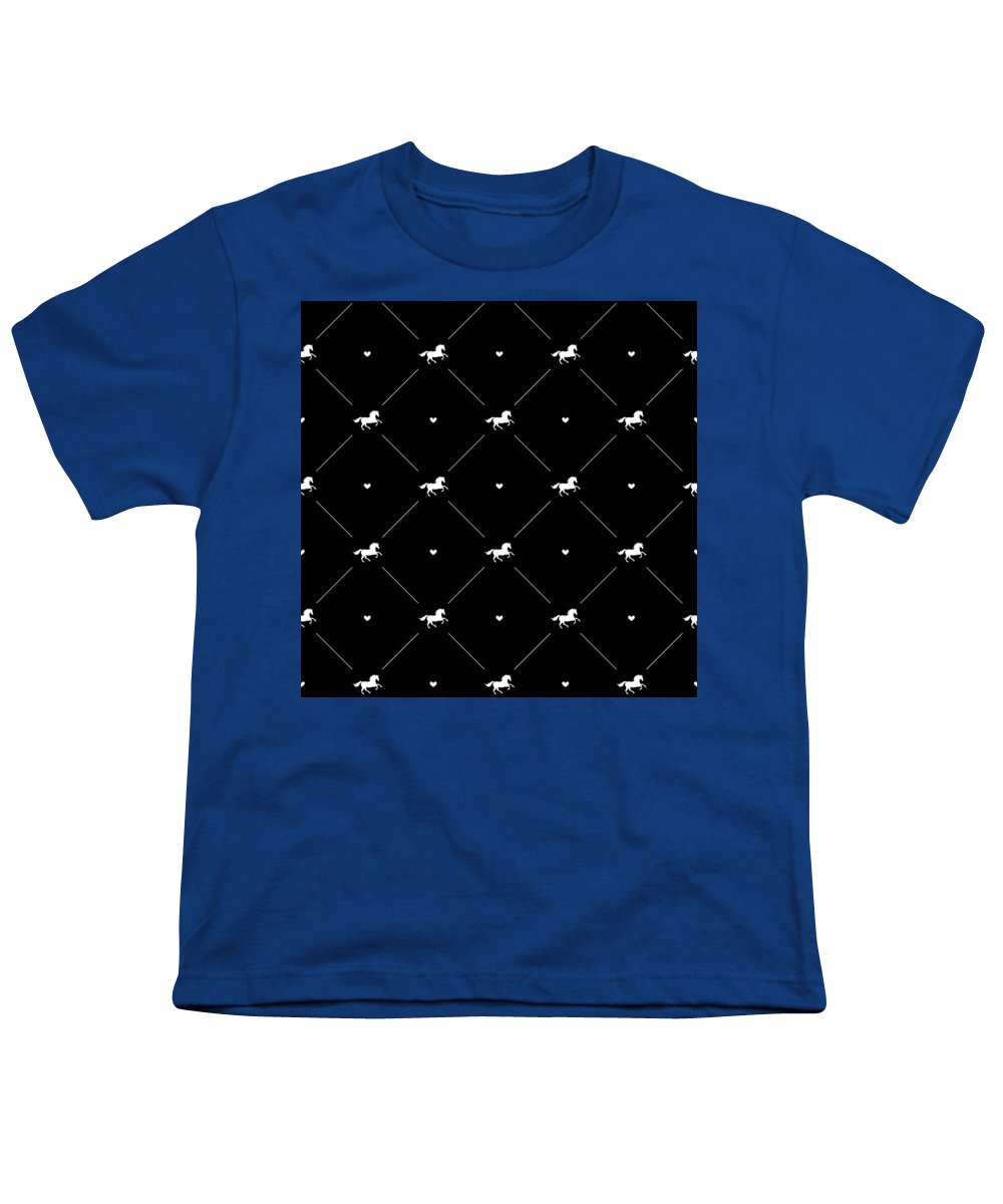 Vector seamless pattern of white horse silhouette with heart isolated on black - Youth T-Shirt