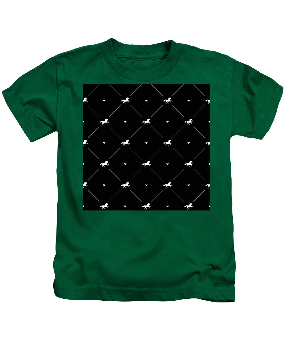 Vector seamless pattern of white horse silhouette with heart isolated on black - Kids T-Shirt