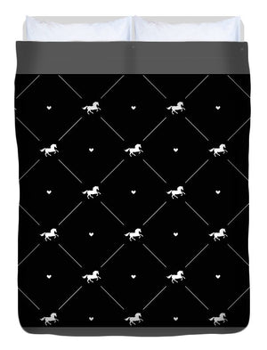 Vector seamless pattern of white horse silhouette with heart isolated on black - Duvet Cover