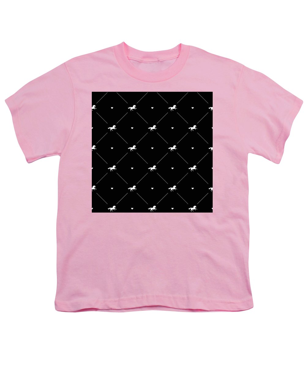 Vector seamless pattern of white horse silhouette with heart isolated on black - Youth T-Shirt