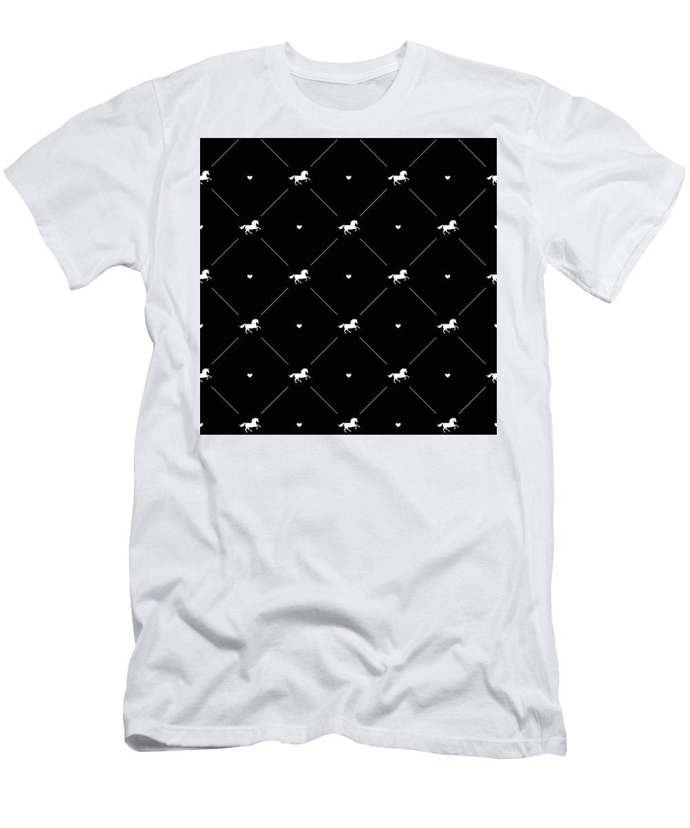 Vector seamless pattern of white horse silhouette with heart isolated on black - T-Shirt
