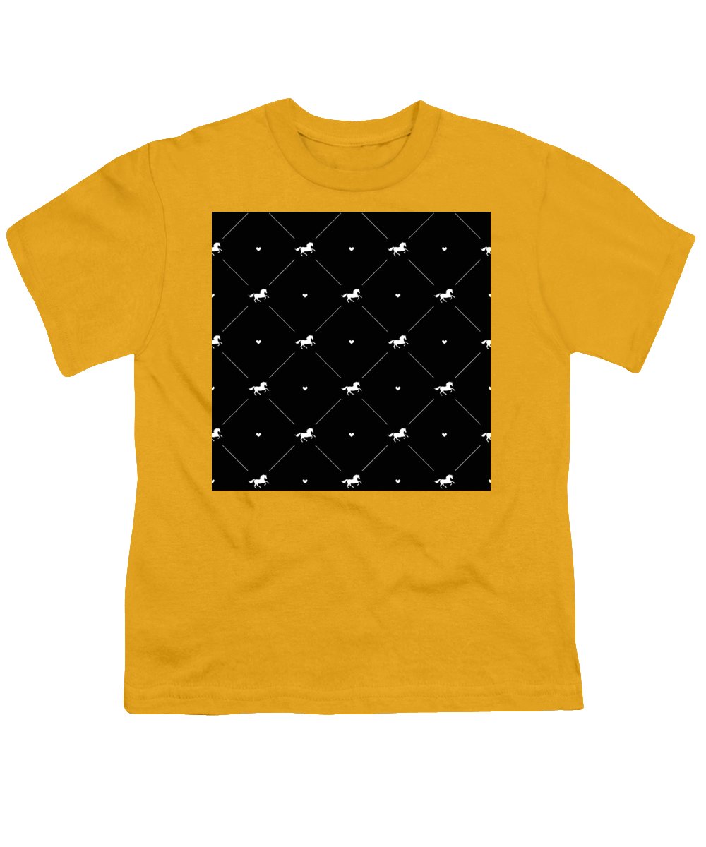 Vector seamless pattern of white horse silhouette with heart isolated on black - Youth T-Shirt